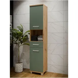 Forte VERIS Badschrank 40, hoher Badezimmerschrank mit 2 Türen, 1 Schublade und 1 offenem Fach, Holzwerkstoff, Salbei mit Artisan Eiche Holzdekor, 40,2 cm breit x 186,8 cm hoch x 34,8 cm tief