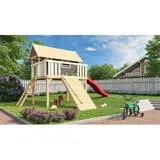 Karibu Stelzenhaus Fidel Set Terragrau Wellenrutsche 3 m Rot Holzrampe