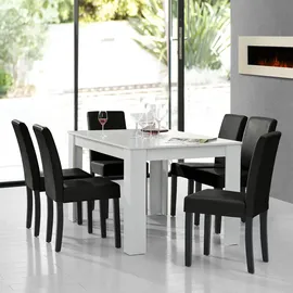 [en.casa] Esstisch weiß matt mit 6 Stühlen schwarz Kunstleder gepolstert 140x90 Essgruppe Esszimmer
