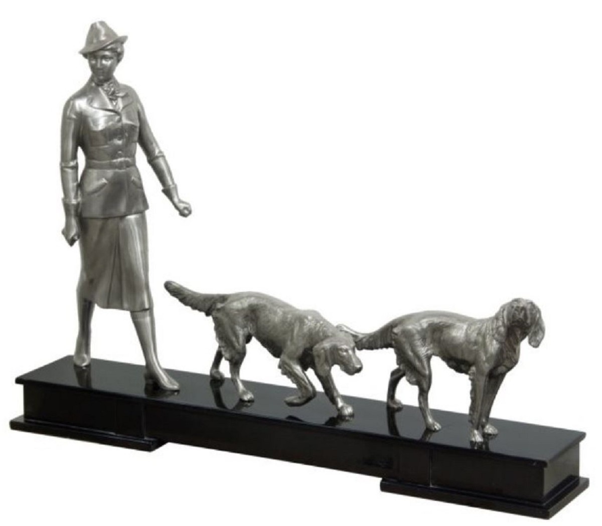 Casa Padrino Luxus Bronzefiguren Jägerin und Hunde Silber / Schwarz 61 x 11 x H. 45 cm - Luxus Dekofiguren mit Holzsockel