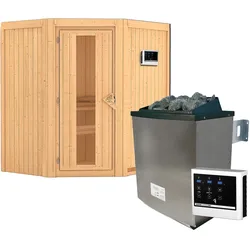 Karibu Sauna Taurin mit Eckeinstieg 68 mm -9 kW Ofen inkl. Steuergerät-Ohne Dachkranz-Energiesparende Saunatür mit Glaseinsatz