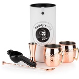 Buddy ́s Bar - Moscow Mule Komplett Set, 2 x 500 ml Cocktail-Becher, 27 cm Barlöffel, 5 cl Barmaß & Schwarze Limettenpresse, lebensmittelecht, Cocktail-Tassen-Set inkl. Geschenkbox, Kupfer gehämmert