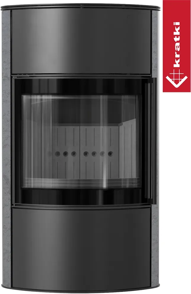 BJORN freistehender Stahlofen Ø 150 7 kW Hochdekorative GRAY SATIN-Speicherkeramik; Stahlabdeckung; schwarzes Thermotec; mit Verschlussmechanismus