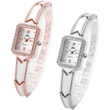 JewelryWe 2pcs Damenuhr Elegant Analog Quarz Armbanduhr Damen Strass Rechteckig Römische Ziffern Beiläufige Uhr Spangenuhr mit Metall-Armband Rosegold/Silber