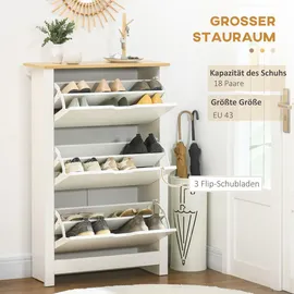 Homcom Schuhschrank Schuhkipper Schuhregal mit 3 Klappen für 18 Paar Schuhe platzsparend Schuhständer für Flur, Eingangsbereich Weiß+Natur 72 x 26 x 112 cm Garderobe, Schuhaufbewahrung, Schuhschränke