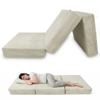POKAR Klappmatratze 140x195x15 cm aus Cord | 3-teilige Faltmatratze als Gästebett | Faltbare Matratze für Gäste und Camping | Extra Dicke Schaumstoffmatratze | Oeko-TEX | Made in EU | Elfenbein