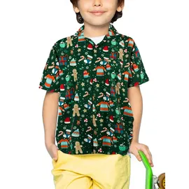 King Kameha Funky Hawaiihemd Kids Kinder Jungs, Kurzarm, X-Mas Weihnachten, Christmas Gingerbread, Grün, 12 - 12 Jahre