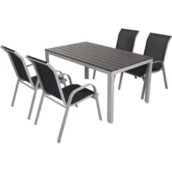 VILLANA Garten-Essgruppe, silber/schwarz, Alu/Holzimitat/Textil, Tisch 150x90cm, 4 Sessel, stapelbar