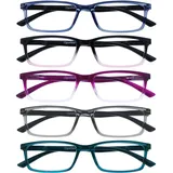 OPULIZE SEE Blaulichtfilter Lesebrille für Damen Herren, Blendfreie UV400-Schutz Federscharnier Anti-Müdigkeit, Rechteckiger Rahmen, Computerbrillen Gaming, 5er-Pack Blau Rosa Violett Grau Türkis +3.5