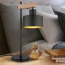 Tischlampe Leuchte Nachttischlampe Holzoptik schwarz gold Wohnzimmerleuchte 31cm