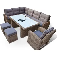 Ragnarök-Möbeldesign hohe Dining Lounge - DEUTSCHE Hersteller - 8 Jahre GARANTIE - EIGENE Produktion - PolyRattan Gartenmöbel Essgruppe Sessel Naturfarben Rundrattan Grau