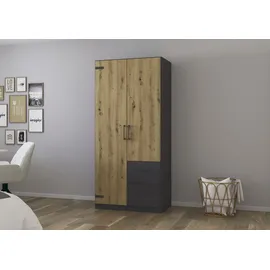 Rauch Drehtürenschrank RAUCH "Holmes", grau (graumetallic, eiche artisan), B:91cm H:197cm T:54cm, Holzwerkstoff, Schränke, Drehtürenschrank, im Industrial Style, mit Schubkästen, mit oder ohne Spiegel