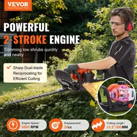 Vevor 23,2 Zoll 26 CC 2-Takt-Benzin-Heckenschere, benzinbetriebene Handheckenschere mit doppelseitiger Dual-Action-Klinge, 180° verstellbarer Trim...
