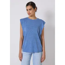 street one studio STREET ONE STUDIO, Damen, Gr. 42, blau (sunset blau), Stoff, 80% Polyester, 20% Viskose, unifarben, normal normal, Rundhals, Volant, Tops Trägertop, Rundhalsausschnitt
