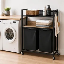 DanDiBo Ambiente DanDiBo Wäschekorb mit Rollen und 2 Ablage Wäscheregal Wäschesammler 2 Fächer 96698 Wäschebox Regal Wäschetonne Wäschewagen Wäschesortierer...