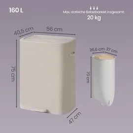 Songmics Wäschekorb mit Deckel 2 Fächer, Wäschesortierer mit Pedal, 160 L,