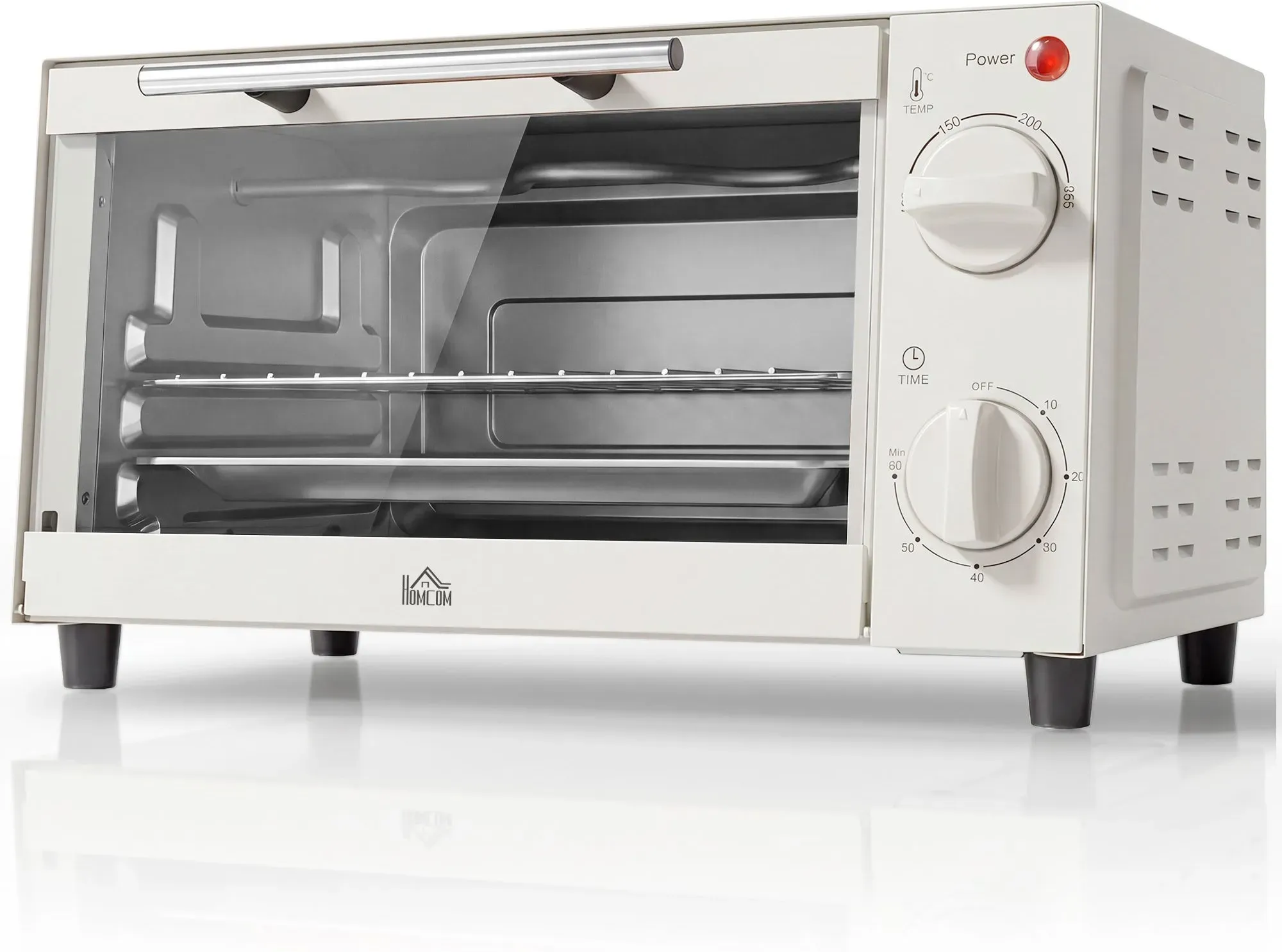 HOMCOM Minibackofen 9L Mini Ofen mit Backblech, Grillrost, 100 °C-230 °C, mit einstellbar Temperatur und Garzeit, 60 Min. Timer, 750W, Edelstahl, Cremeweiß   Aosom