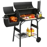 Jiubiaz Smoker Holzkohlegrill Mit 2 Rädern Und Temperaturanzeige, Grillwagen Mit Deckel, Schwarz