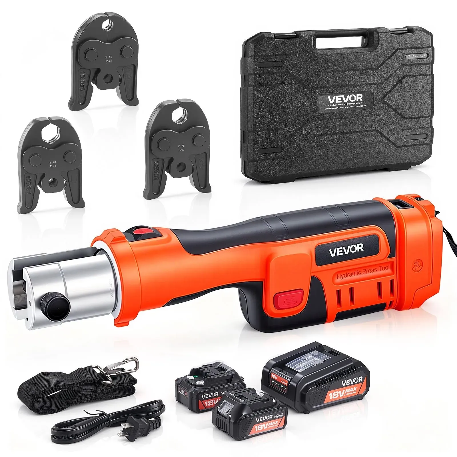 VEVOR 18V Akku Presszangen Set, 32kN Pressmaschine inkl. 3 Pressbacken V15 V22 V28 & 180° Drehbarem Kopf, Elektr. Presswerkzeug mit 4,0 Ah Baterrien für Edelstahlrohr bis 54mm, 40 HRC für Hochleistung
