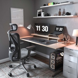 SIHOO Bürostuhl Schreibtischstuhl, ergonomisch, verstellbare Armlehne, 150kg belastbar Bezug grau, Gestell schwarz
