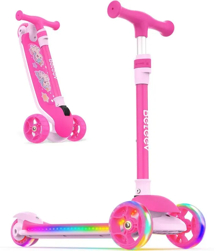 BELEEV Tretroller – Kinderdreirad-Tretroller – A9 klappbares Modell mit Leuchten – Pink