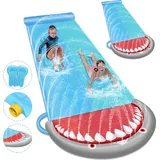 Yakimz Wasserrutsche Outdoor Sommer Rasen,550 * 145cm Hai-Stil Wasserspielzeug Garten Wassermatte, Wasser Rutsche mit 2xSurfbrett - Blau