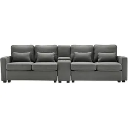 Merax 4-Sitzer-Extra großes Sofa aus Leinenstoff, mit Armlehnentaschen und 4 Kissen, für Wohnzimmer, Wohnung, Büro,  Dunkelgrau