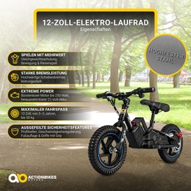 Actionbikes Motors Elektro-Laufrad, 12 Zoll, Kinder-Balance-Bike m. 250 Watt, Scheibenbremsen, 3 Geschwindigkeitsstufen (Blau)