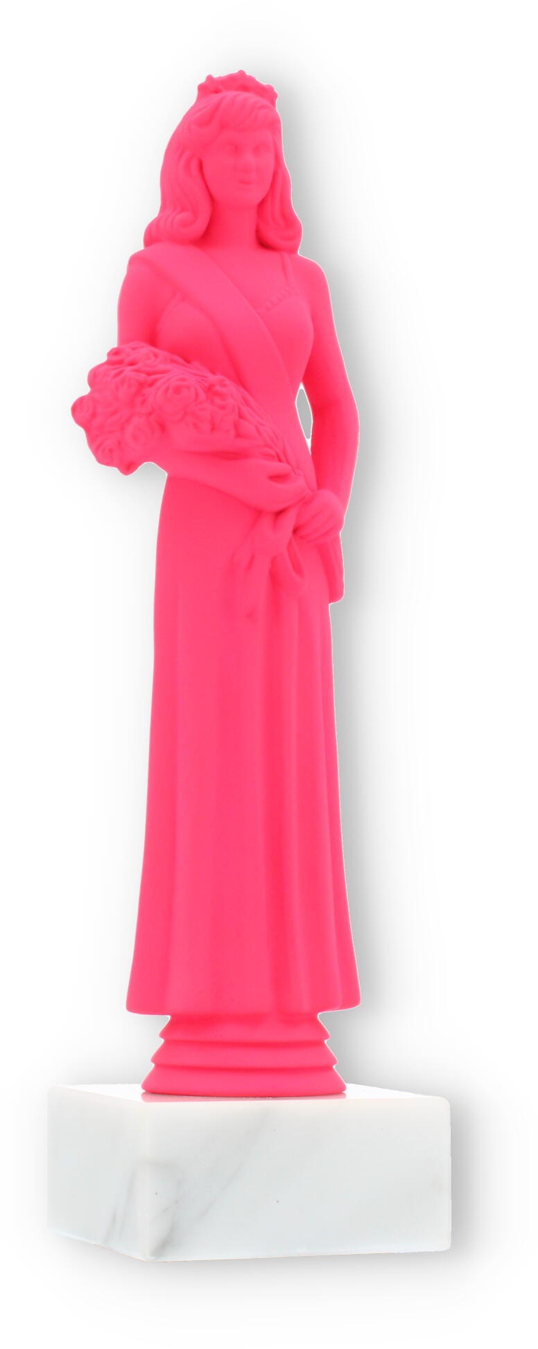 Pokal Kunststofffigur Schönheitskönigin pink auf weißem Marmorsockel 23,7cm