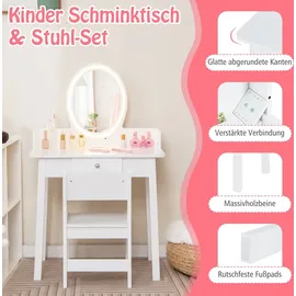 Costway 2 in 1 Kinder Schminktsich mit Hocker, Frisiertisch mit beleuchtetem Spiegel, Schublade & Schmuck-Organizer, Kosmetiktisch Prinzessin aus H... - Weiß