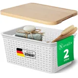 Novaliv 2er Set Eleganter Aufbewahrungskorb mit Holzdeckel in Rattan-Optik | Weiß Lebensmittelecht Kunststoff 5L ? Perfekt für Bad & Kleidungsaufbewahrung. Aufbewahrungsbox Badezimmer Körbchen.