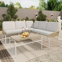 Flieks Rattan Gartenmöbel Set 5 Personen, Gartenloungeset Balkonmöbel Set 3 Teilig, Terassenmöbel Set mit Gartentisch Kissen, Gartenlounge Set, ... - Grau