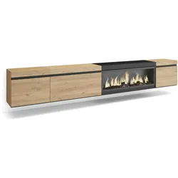 SKRAUT HOME Wohnzimmer-TV-Schrank, viel Stauraum, 288x35x45cm, großformatiges TV-Gerät, XXL-Elektrokamin, hängend, Farbe Eiche und schwarz - 494_102