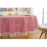 Runde Tischdecke Abwaschbar Baumwolle Leinen Tischtuch, Treer Staubdicht Pflegeleicht Tischdecken mit Quaste Geometrie Nordischen Stil für Home Küche Party Tischdekoration (rot,Durchmesser 120cm)