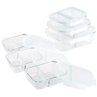 Rosenstein & Söhne Microwellen Geschirr: 6er-Set Glas-Frischhaltedosen, Klick-Deckel, 2 Kammern, -40 bis 450 °C (Glasschüssel mit Deckel Mikrowelle, Glasschüsseln mit dicht)