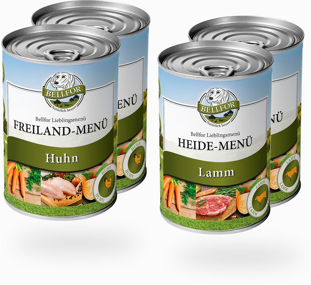 Bellfor Starter-Paket Hundefutter Nass mit Huhn und Lamm - Getreidefrei Freiland-Menü + Heide-Menü Set 1,6 kg