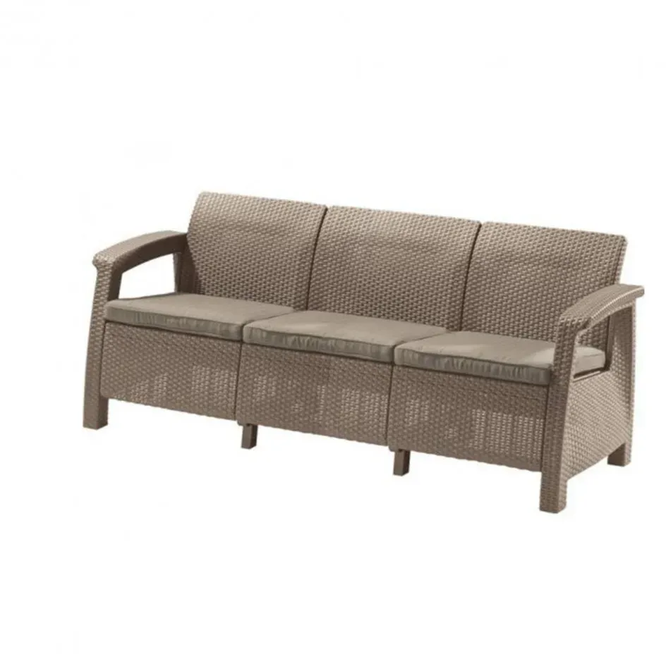 Sofa Corfu love seat max in der Farbe Cappuccino mit Kissen in Sand
