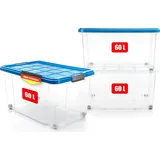 BigDean 3x 60 L Aufbewahrungsbox mit Deckel groß azurblau - stabile - robuste Box