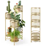 HOMASIS Blumenständer Metall mit 6 Ebenen, Pflanzenständer drehbarer, Blumenregal klappbar, verstellbar Pflanzenregal für Topfpflanzen, Blumentopfhalter für Wohnzimmer, Balkon, Terrasse (Golden)
