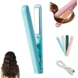 Mini Lockenstab mit Doppeltem Verwendungszweck, Mini Lockenstab und Flacheisen, Haarglätter und Locken 2 in 1 Tragbare USB Wiederaufladbare Kabellose Reise Lockenstabs für Alle Haartypen (Blau)