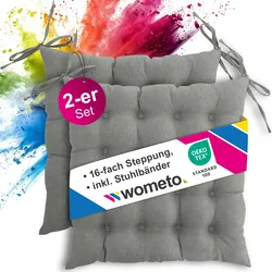 wometo 2er Set Sitzkissen Stuhlkissen 40x40 OEKO-TEX  - grau Sitzauflage Bank Polster Sitzpolster mit Bändern / Schleife, Indoor / Outdoor