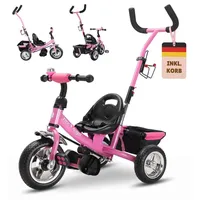Spielwerk® Dreirad 2in1 mit Schubstange ab 1 Jahr Getränkehalter Kinderdreirad Klappbare Fußablage Baby Buggy Laufrad Kinderwagen Kleinkind Rosa
