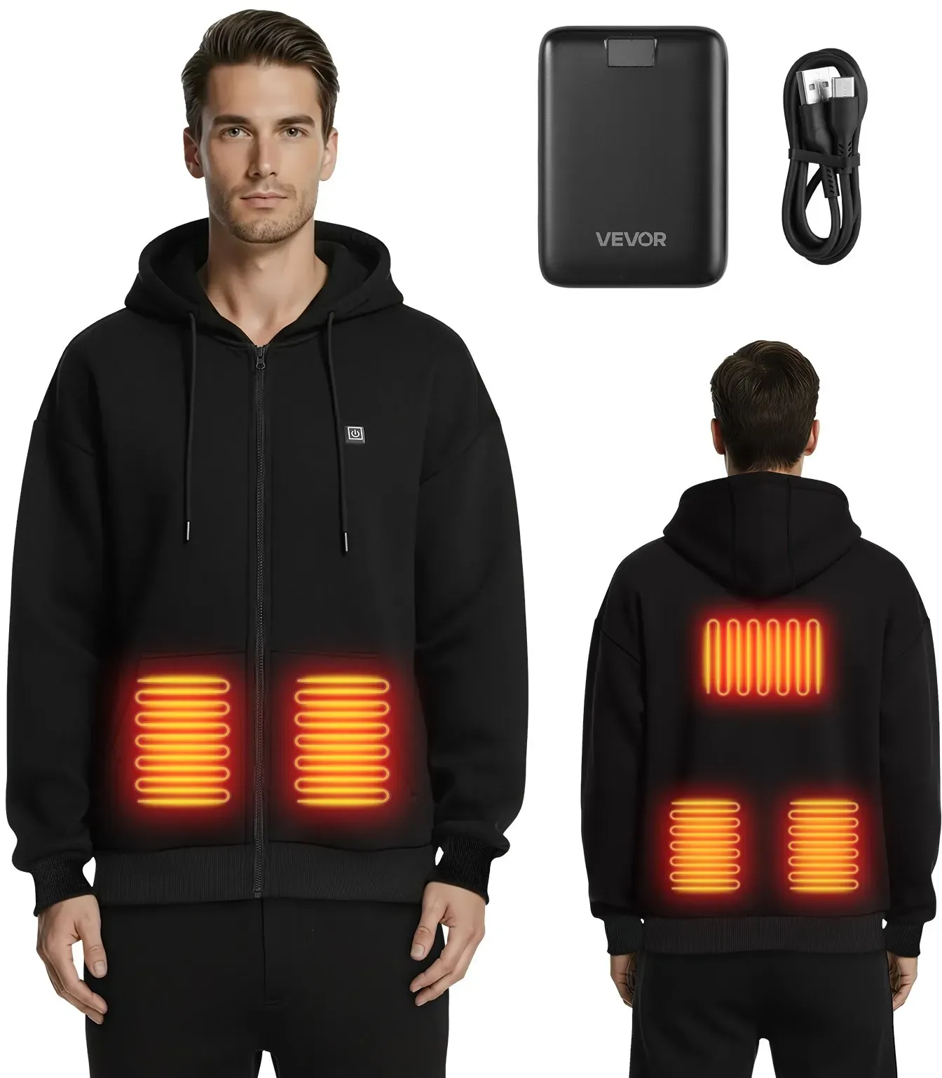 VEVOR Beheizbarer Hoodie, Unisex, Kapuzenjacke mit Reißverschluss und 7,4 V 16000 mAh Powerbank, 5 Heizzonen, 3 Temperaturstufen, 4–8 Stunden Wärme, für Wintercamping im Freien, Schwarz, XL