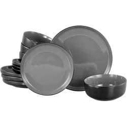 Tafelservice MY HOME "modernes Geschirr-Set, Service Östra Greda", schwarz (schwarz, grau), 12 tlg., Steinzeug, Geschirr-Sets, hohe Haltbarkeit, spülmaschinengeeignet & mikrowellengeeignet