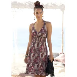 Neckholderkleid LASCANA, Damen, Gr. 46, N-Gr, lila (lila, bedruckt), Jersey, Obermaterial: 100% Viskose, bedruckt, modisch, figurumspielend kniefrei, tiefer V-Ausschnitt, ohne Ärmel, Kleider, mit Alloverprint und V-Ausschnitt, Sommerkleid, Strandkleid