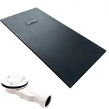 bad land Duschwanne Rechteck Steinoptik, Ablaufgarnitur im SET, Anti-Rutsch, Verbundwerkstoff Schwarz Ø Badland VIDAR 180x90x3,2 SMC