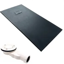 bad land Duschwanne Rechteck Steinoptik, Ablaufgarnitur im SET, Anti-Rutsch, Verbundwerkstoff Schwarz Ø Badland VIDAR 180x90x3,2 SMC