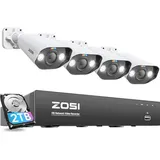 ZOSI 5MP Überwachungskamera Aussen Set, 8CH 4K 2TB HDD NVR und 4X 5MP PoE IP Outdoor Kamera, 2-Wege Audio, Personen- und Fahrzeugerkennung, Spotlight Alarm, C1825A