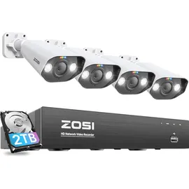 ZOSI 5MP Überwachungskamera Aussen Set, 8CH 4K 2TB HDD NVR und 4X 5MP PoE IP Outdoor Kamera, 2-Wege Audio, Personen- und Fahrzeugerkennung, Spotlight Alarm, C1825A