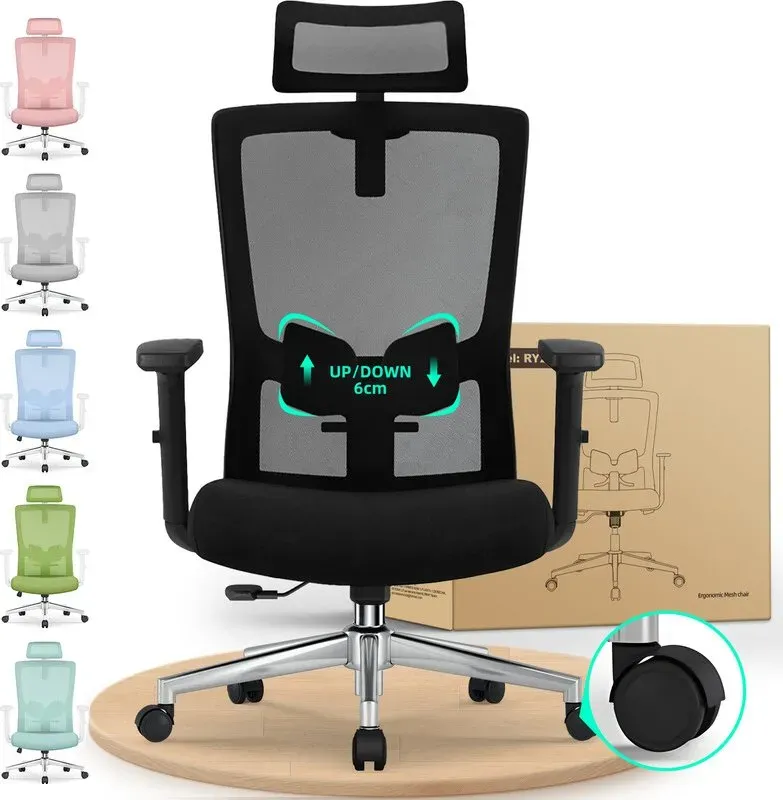 GTIMEX Ergonomischer Bürostuhl mit verstellbarer Lendenwirbelstütze, Armlehnen und Kopfstütze, Drehstuhl 150 kg, Wippfunktion bis 135°